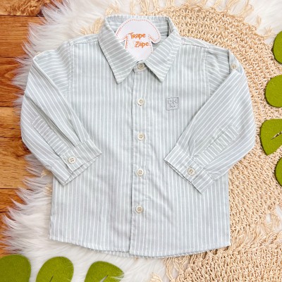 Conj. Camisa Manga Longa Listrada e Calça em Sarja - Verde